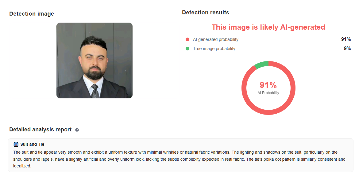 نتيجة فحص الذكاء الاصطناعي - 91% صورة مزيفة
